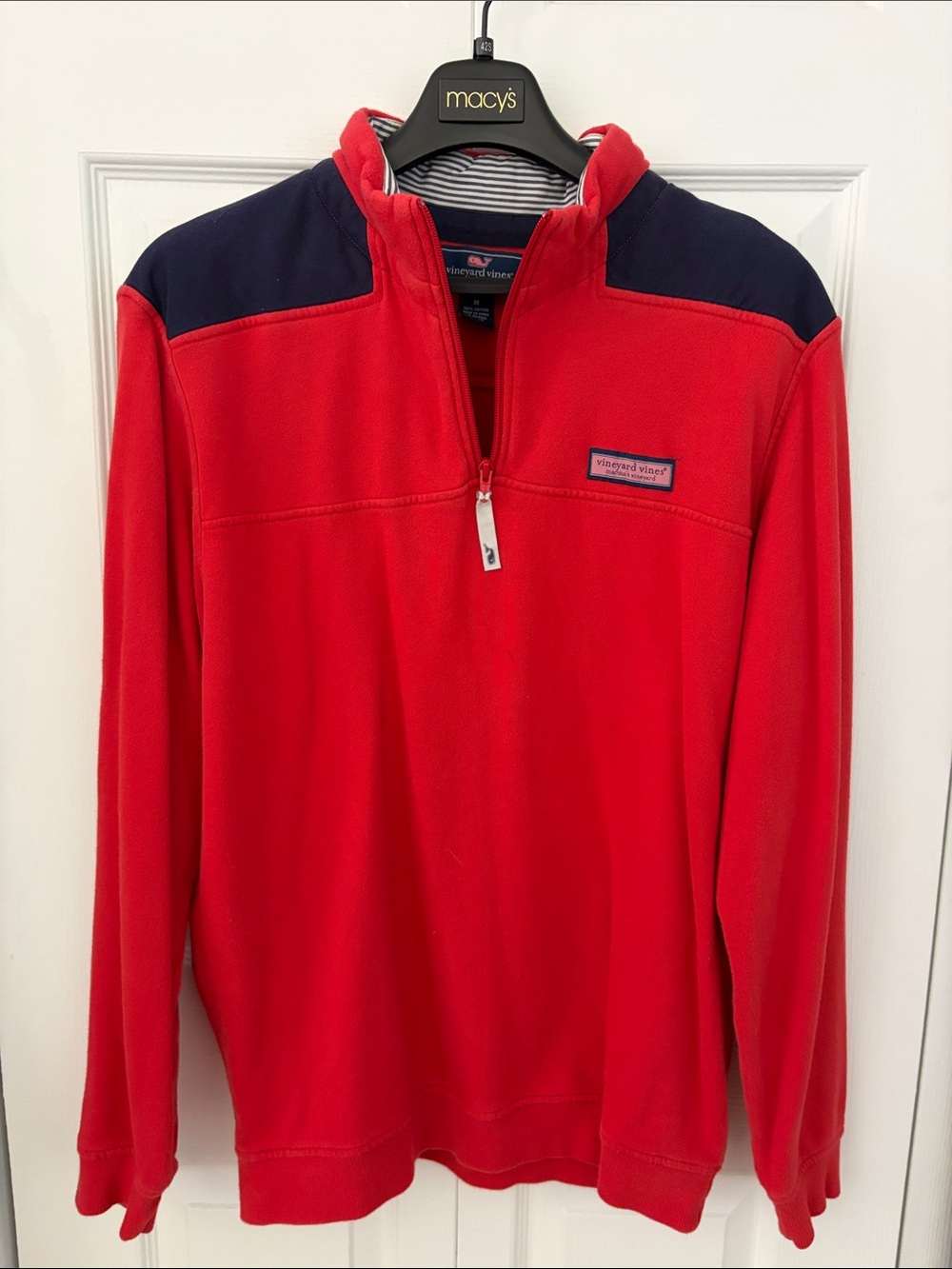 Vineyard Vines Red Fleece Quarter-Zip with Navy Shoulder Yoke
